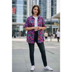 Vintage 90's B.E. Women's M Rayon Neon Pink Antique Art AOP Short Sleeve Shirt